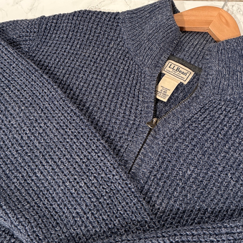 L.L. Bean Mens Heavyweight Organic Cotton Waffle Knit Full-Zip Sweater – Navy XL